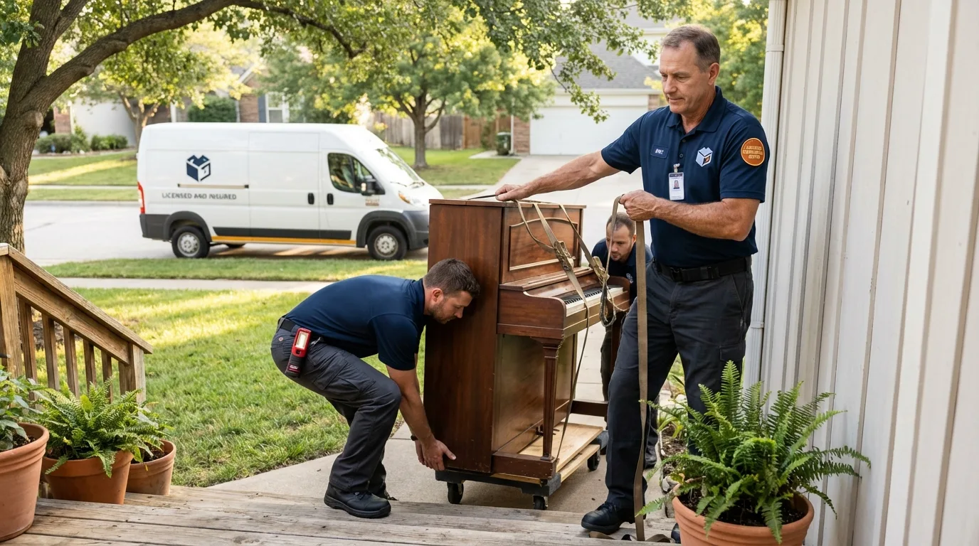 Licensed piano movers securing grand piano in Granite Quarry, NC