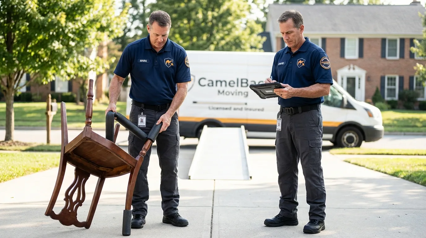 Movers inspecting furniture for damage prevention before loading in Granite Quarry, NC