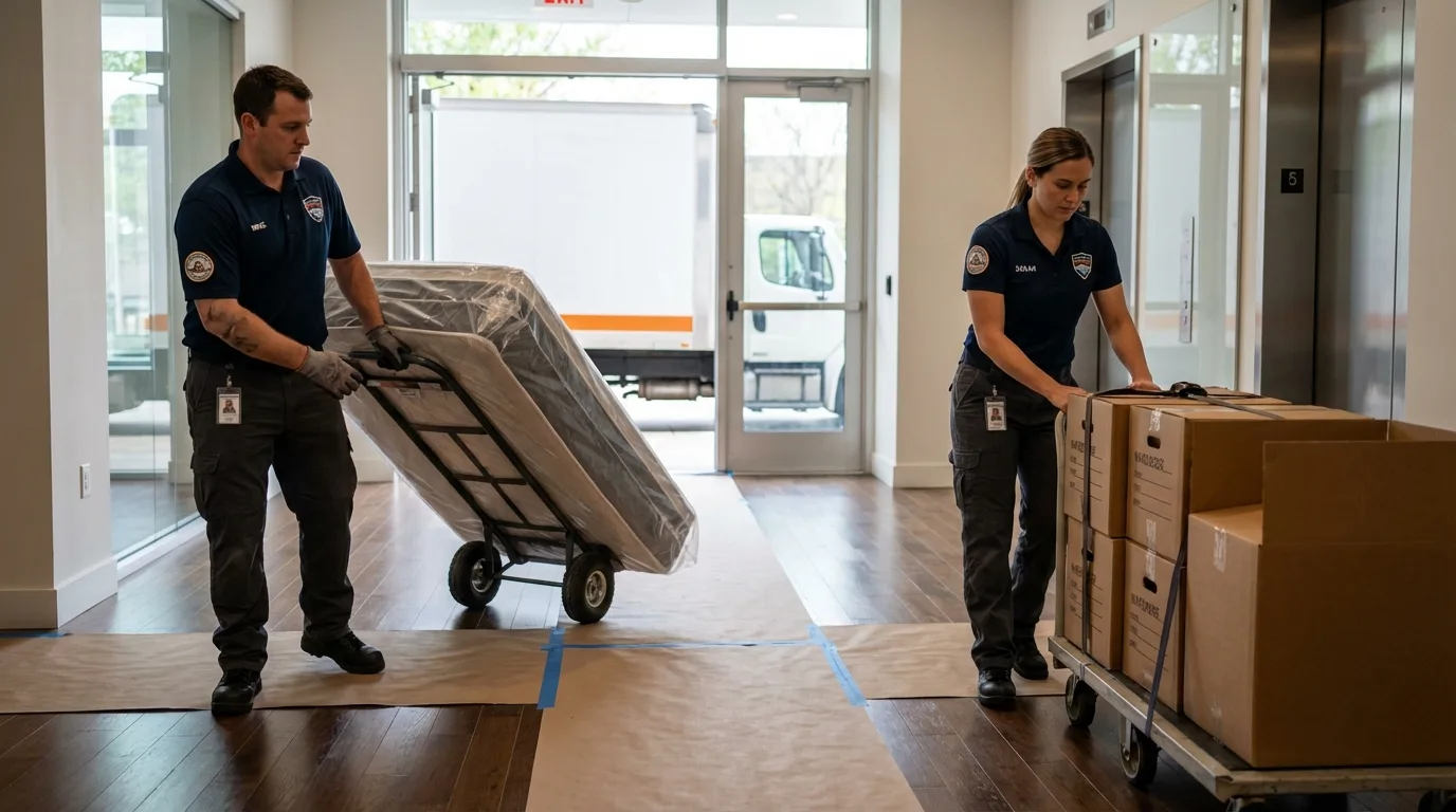 Professional apartment movers loading elevator in Granite Quarry, NC