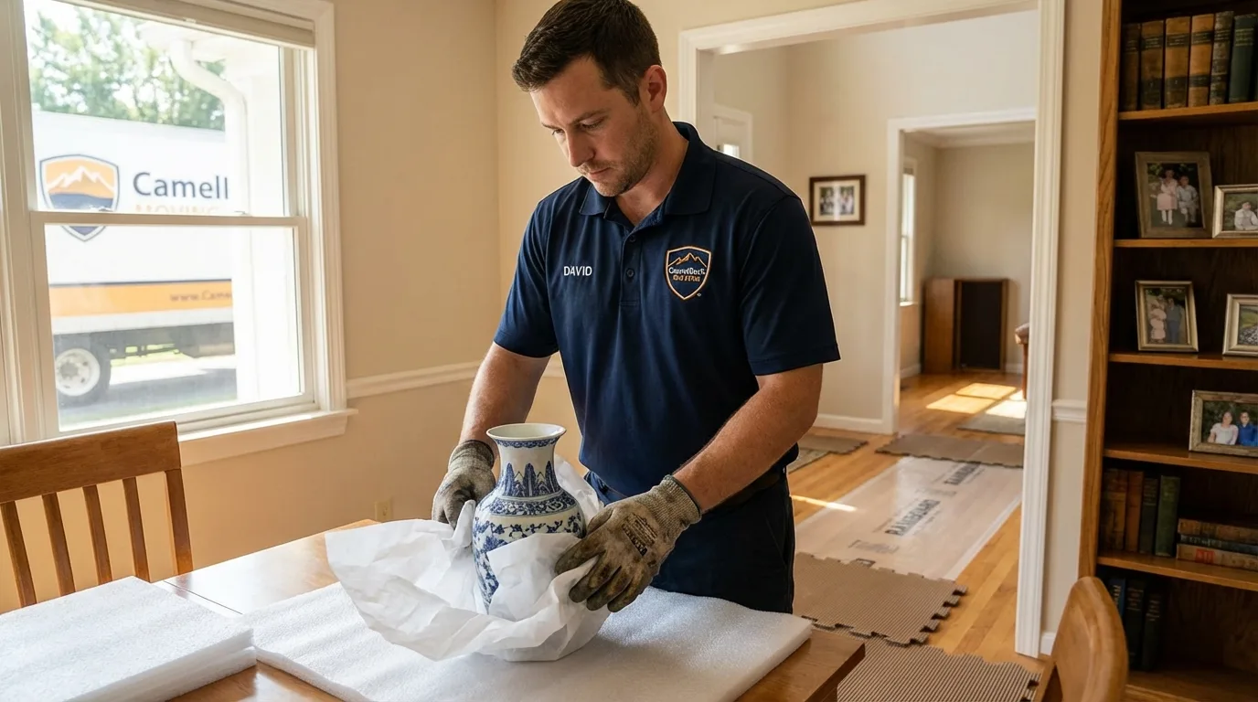 Professional crew carefully wrapping antique vase for senior downsizing move in Granite Quarry, NC